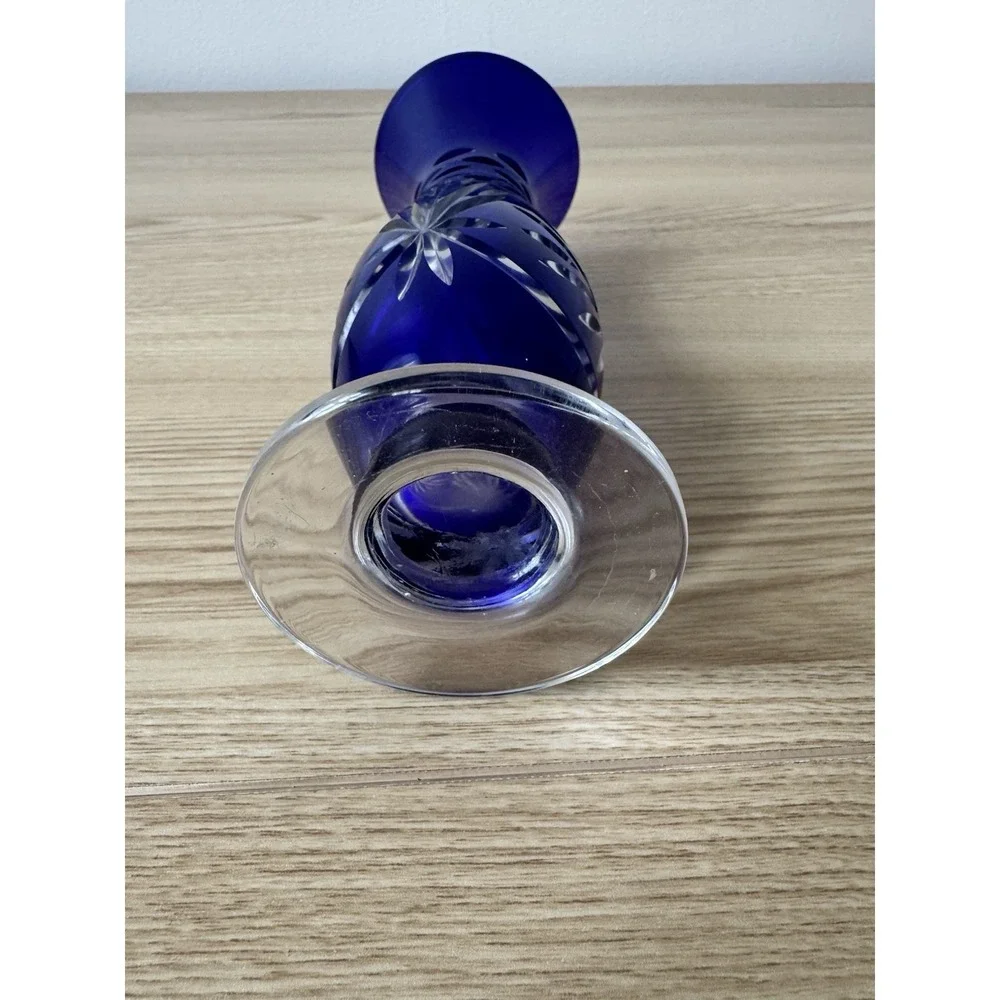 Vintage Cobalt Blue Cut To Clear Glass Bud Vase Floral Etched Footed 6